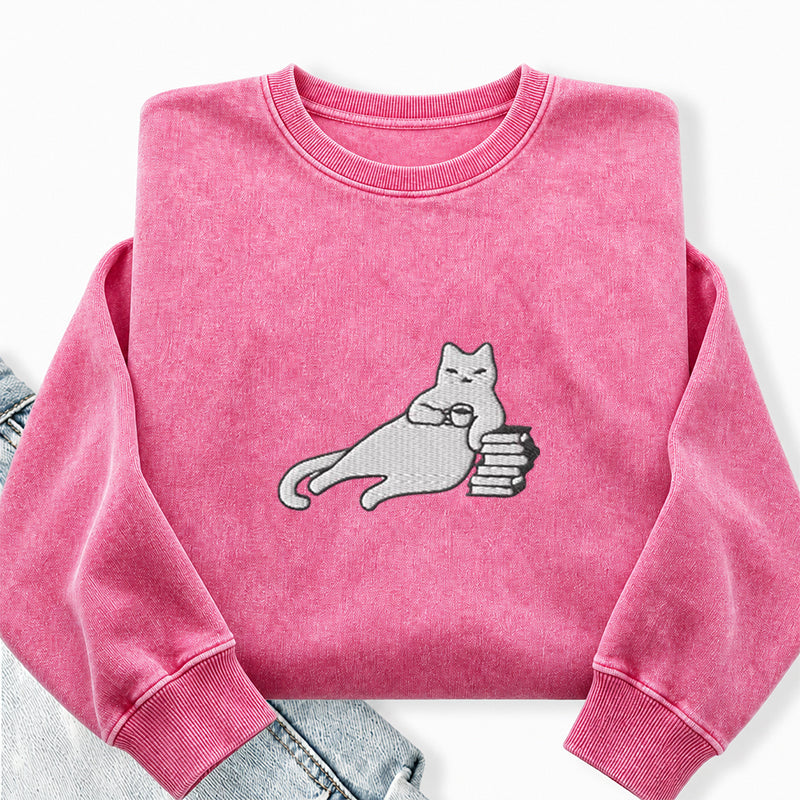 Embroidered Bookish Cat Drinking Coffee Washed Crewneck Sweatshirt