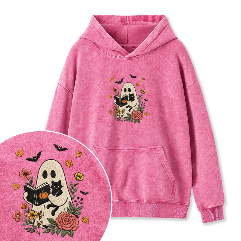 Embroidered Floral Ghost Reading Washed Hoodie