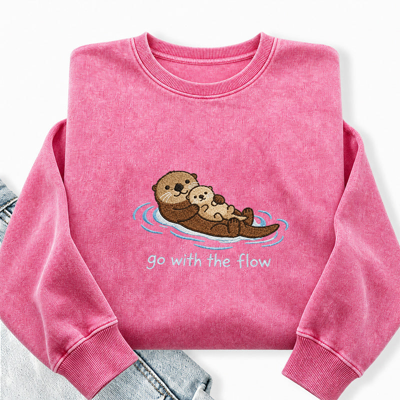 Embroidered Go With The Flow Otter Washed Crewneck Sweatshirt