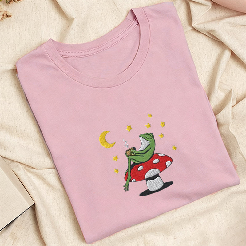 Embroidered Frog Night With Coffee Classic Adult Unisex Crew Neck T-Shirt