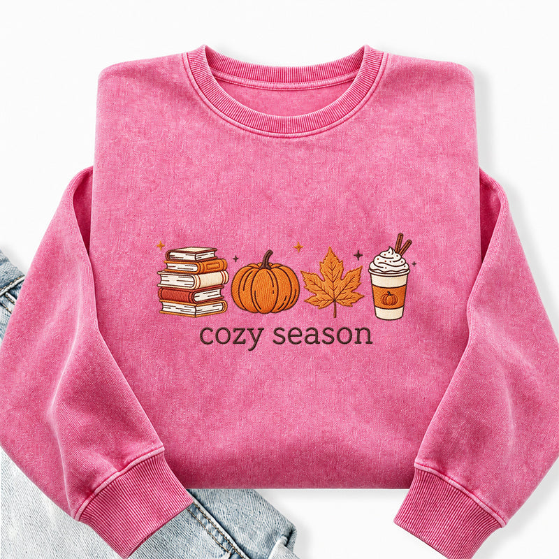 Embroidered Cozy Seasons Book Lover Washed Crewneck Sweatshirt