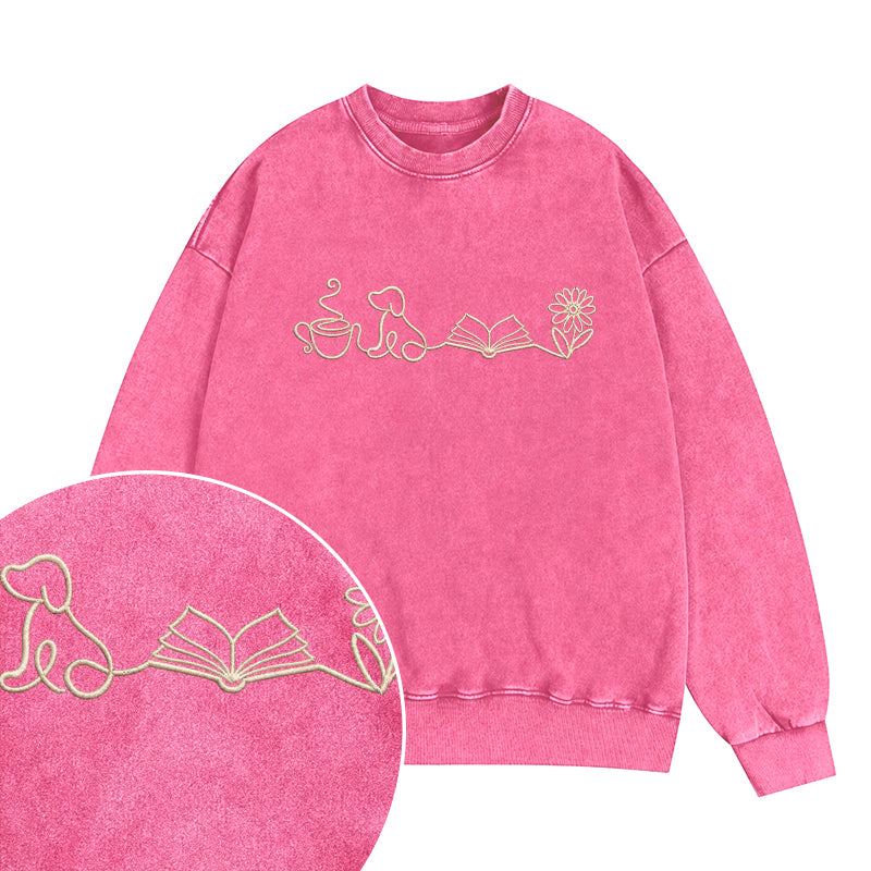 Embroidered Coffee Dog Book Flowers Washed Crewneck Sweatshirt