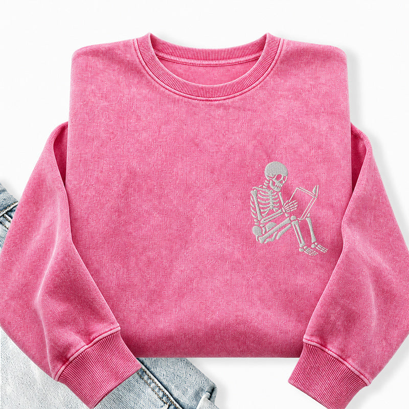 Embroidered Reading Skeleton Washed Crewneck Sweatshirt