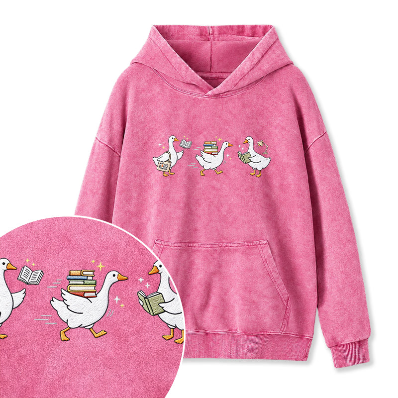 Embroidered Goose Reading Books Washed Hoodie