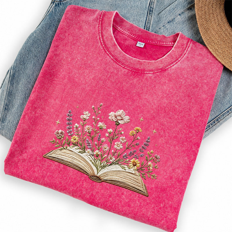 Embroidered Floral Book Washed Crew Neck T-Shirt