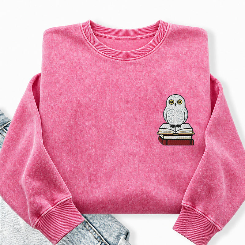 Embroidered Snow Owl On Bookstack Washed Crewneck Sweatshirt