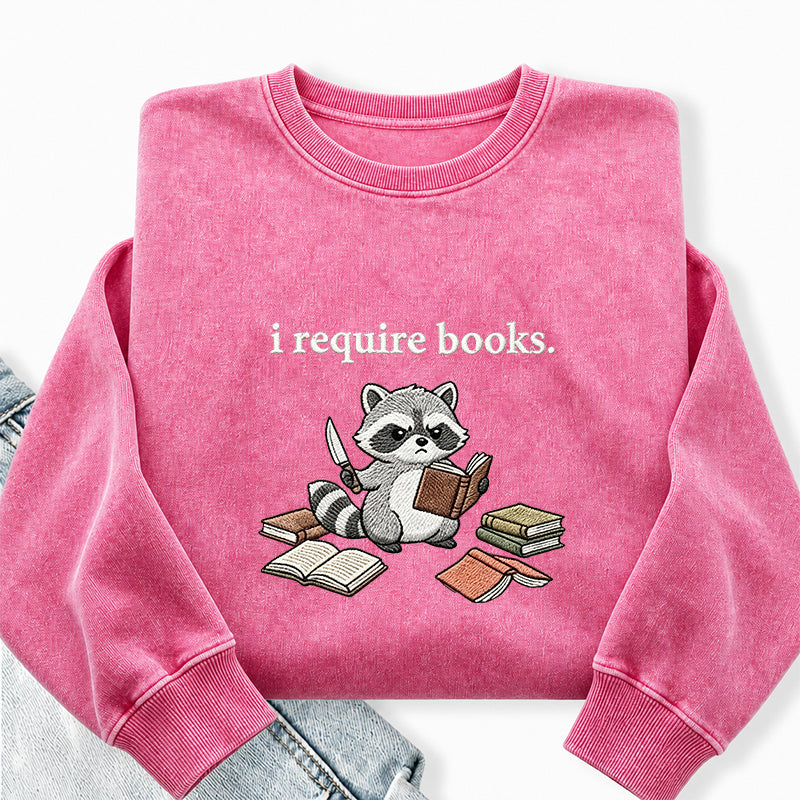 Embroidered I Require Books Raccoon Washed Crewneck Sweatshirt