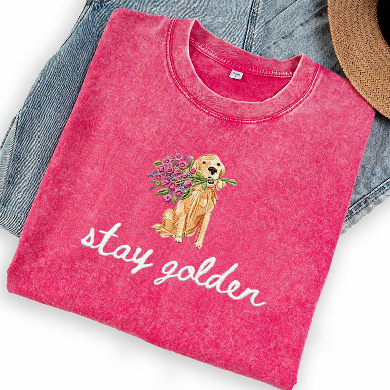 Embroidered Stay Golden Washed Crew Neck T-Shirt