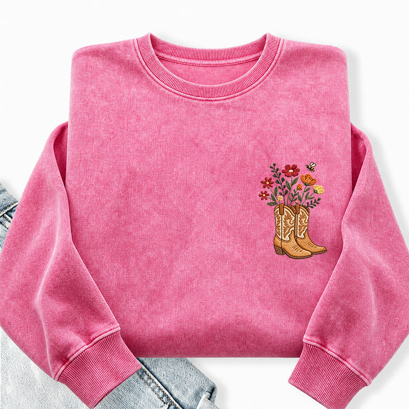 Embroidered Flower Cowboy Boots Washed Crewneck Sweatshirt