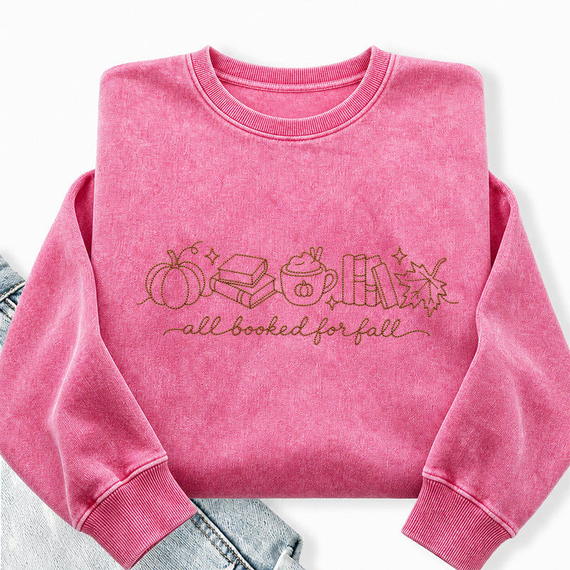 Embroidered All Booked For Fall Reading Washed Crewneck Sweatshirt