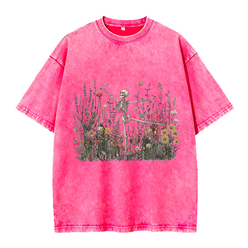 Dancing Skeleton In The Garden Washed Crew Neck T-Shirt