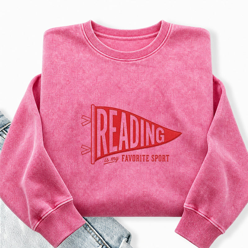 Embroidered Reading Is My Favorite Sport Washed Crewneck Sweatshirt