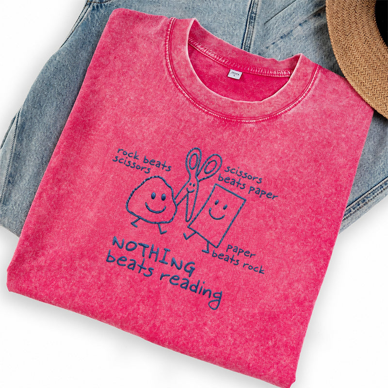 Embroidered Nothing Beats Reading Washed Crew Neck T-Shirt