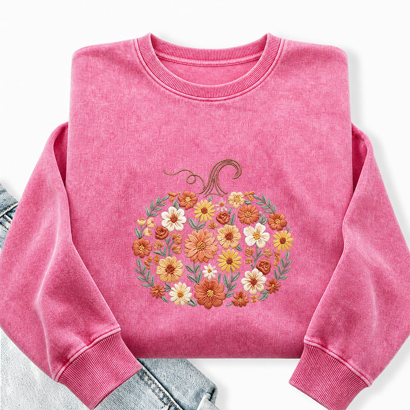 Embroidered Floral Pumpkin Washed Crewneck Sweatshirt