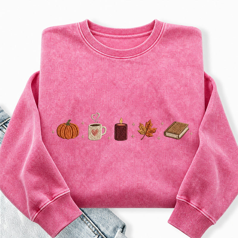Embroidered Autumn Icons Washed Crewneck Sweatshirt