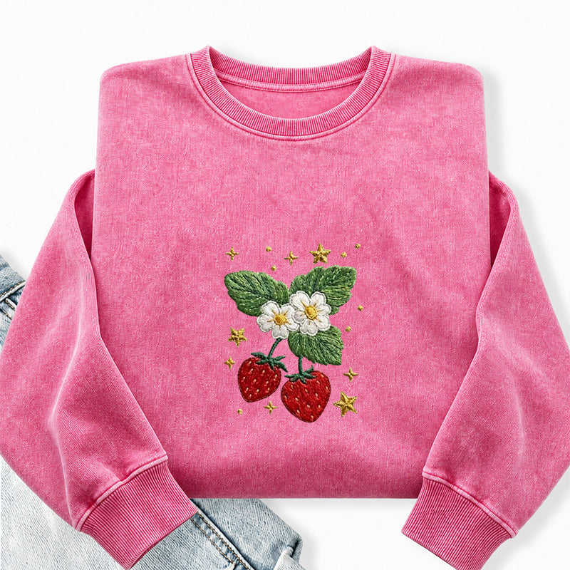 Embroidered Lovely Strawberry Washed Crewneck Sweatshirt
