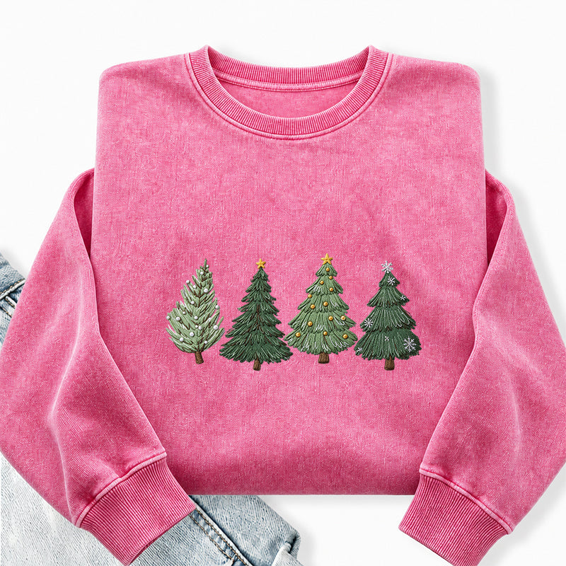 Embroidered Christmas Trees Washed Crewneck Sweatshirt