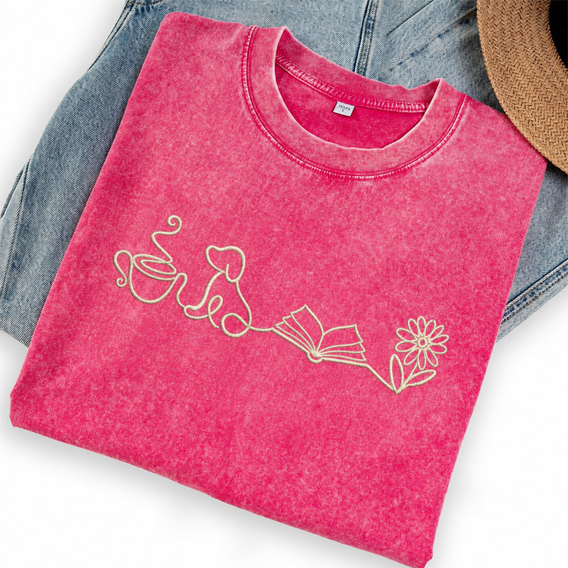 Embroidered Coffee Dog Book Flowers Washed Crew Neck T-Shirt