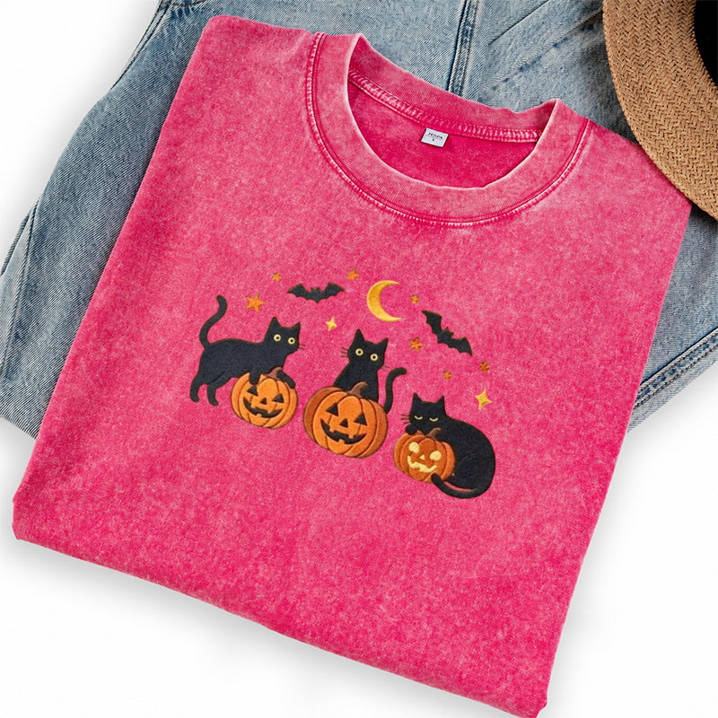 Embroidered Black Cats and Pumpkin Halloween Washed Crew Neck T-Shirt