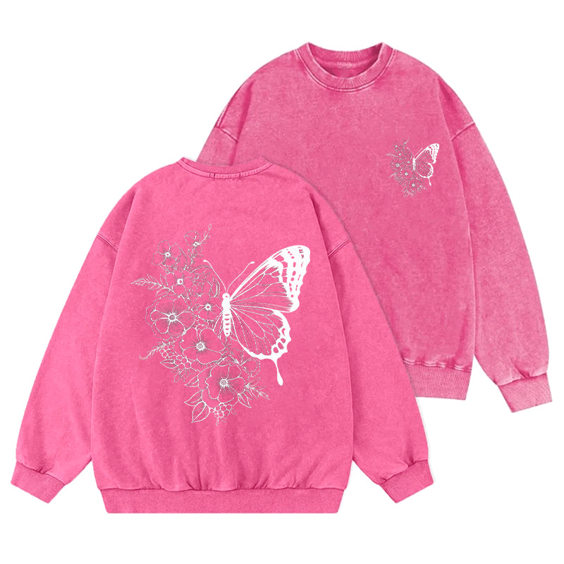 Floral Butterfly Washed Crewneck Sweatshirt