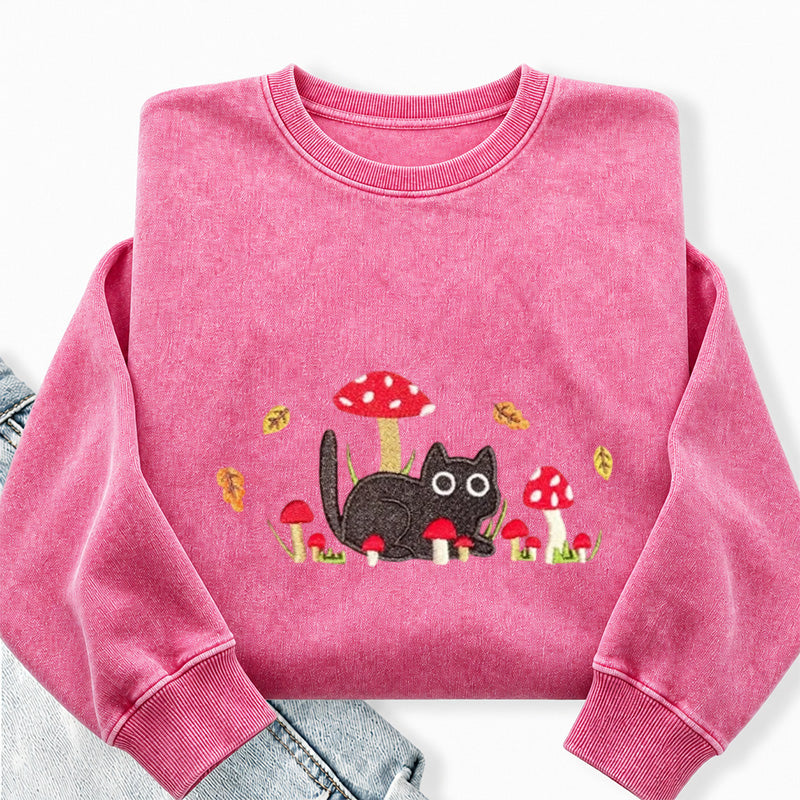 Embroidered Mushroom Cat Washed Crewneck Sweatshirt