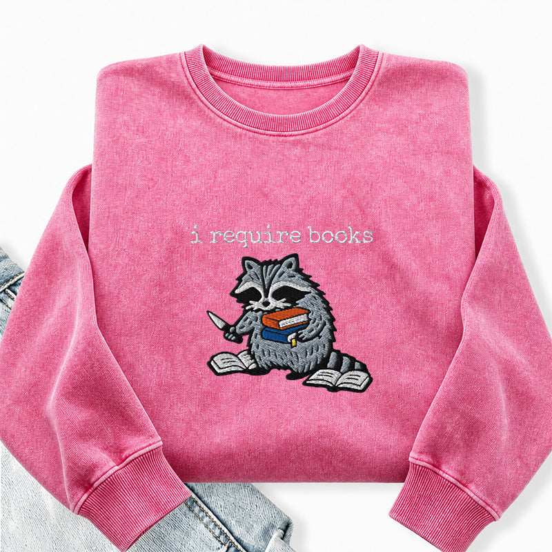 Embroidered I Require Books Raccoon Washed Crewneck Sweatshirt