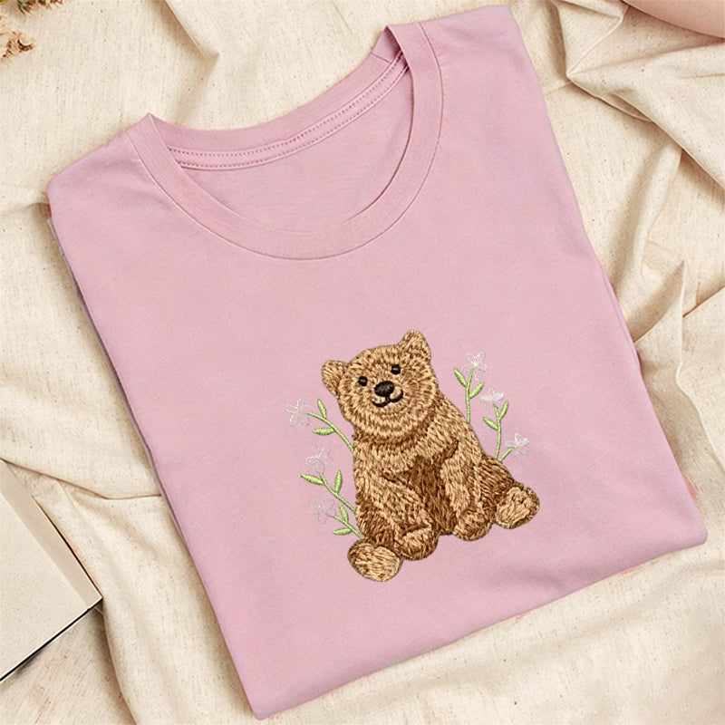 Embroidered Floral Bear Classic Adult Unisex Crew Neck T-Shirt