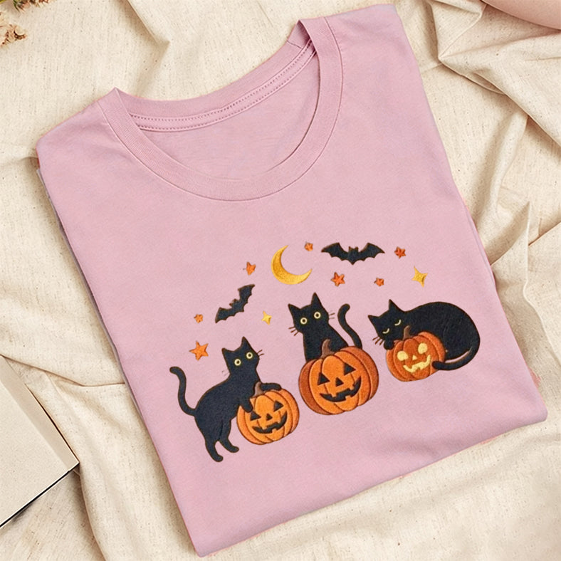 Embroidered Black Cats Pumpkins Classic Adult Unisex Crew Neck T-Shirt