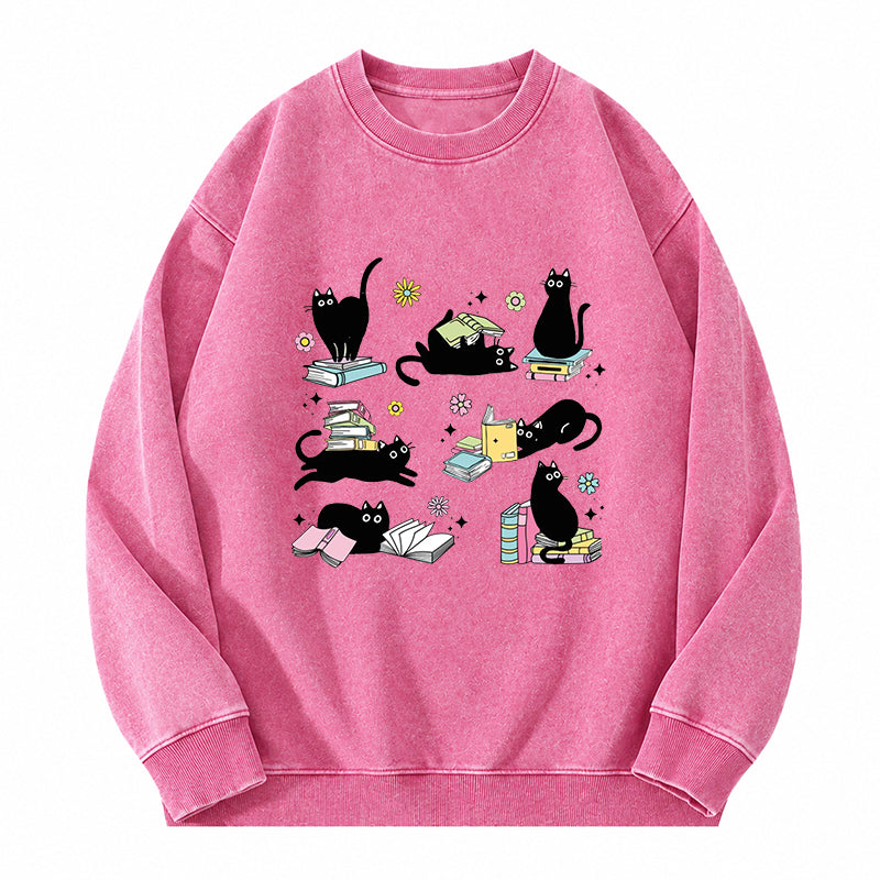 Book And Black Cats Washed Crewneck Sweatshirt