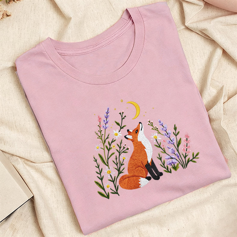 Embroidered Fox Wildflower Classic Adult Unisex Crew Neck T-Shirt