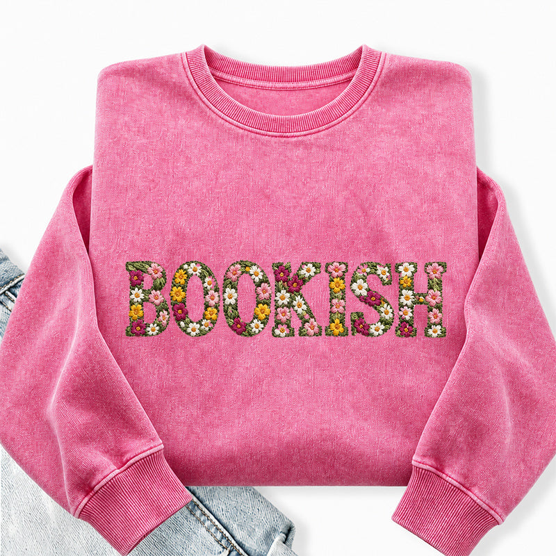 Embroidered Floral Bookish Washed Crewneck Sweatshirt