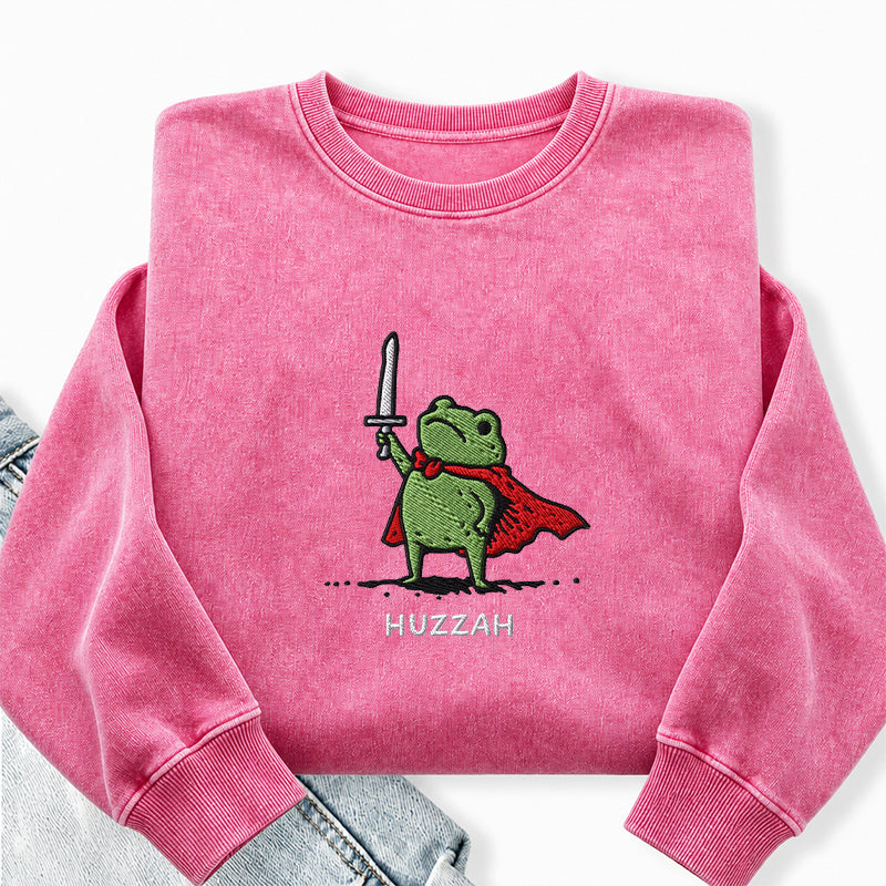 Embroidered Huzzah Frog with Sword Washed Crewneck Sweatshirt