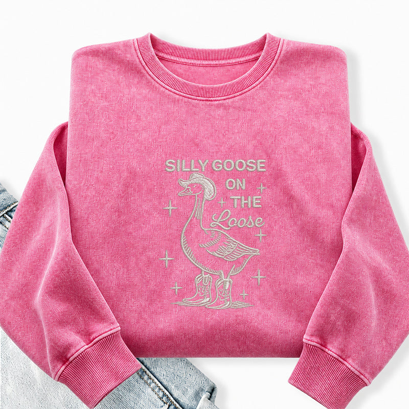 Embroidered Cowboy Silly Goose On The Loose Washed Crewneck Sweatshirt