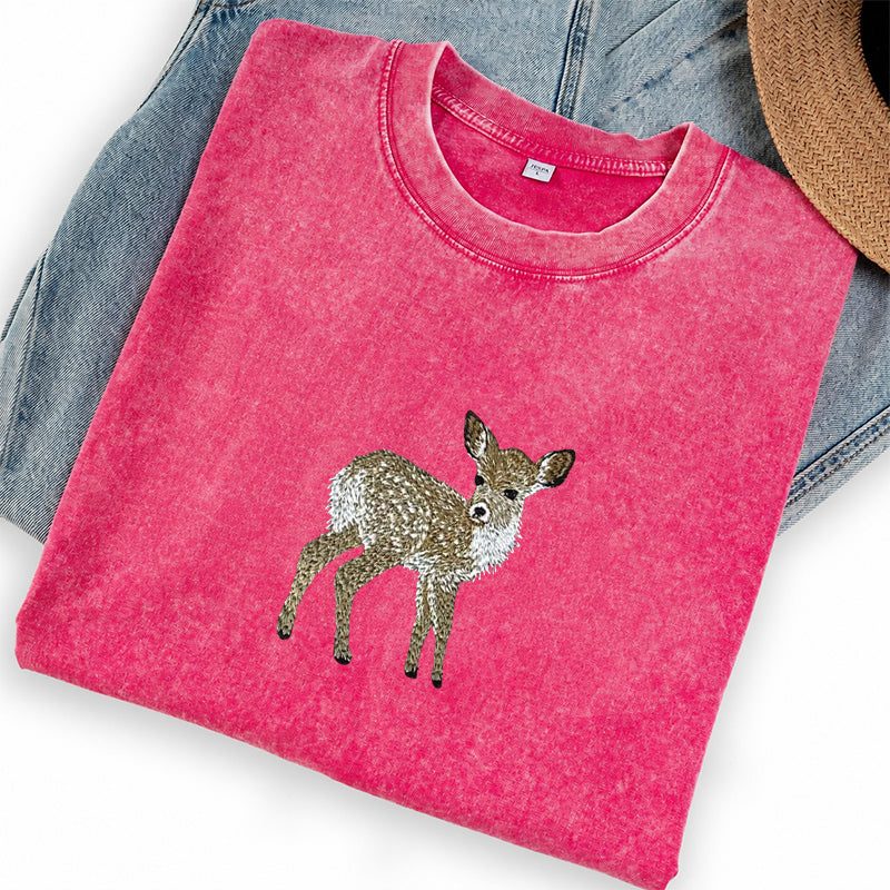 Embroidered Forest Deer Washed Crew Neck T-Shirt