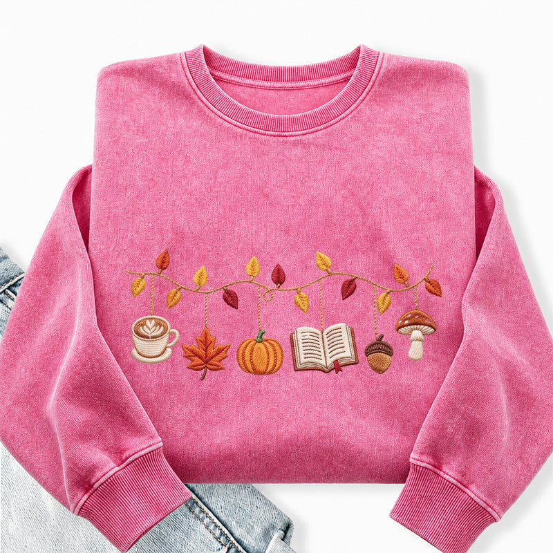 Embroidered Coffee Books Pumpkin Mushroom Washed Crewneck Sweatshirt