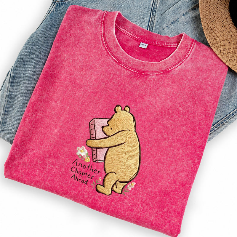 Embroidered Reading Bear Another Chapter Washed Crew Neck T-Shirt