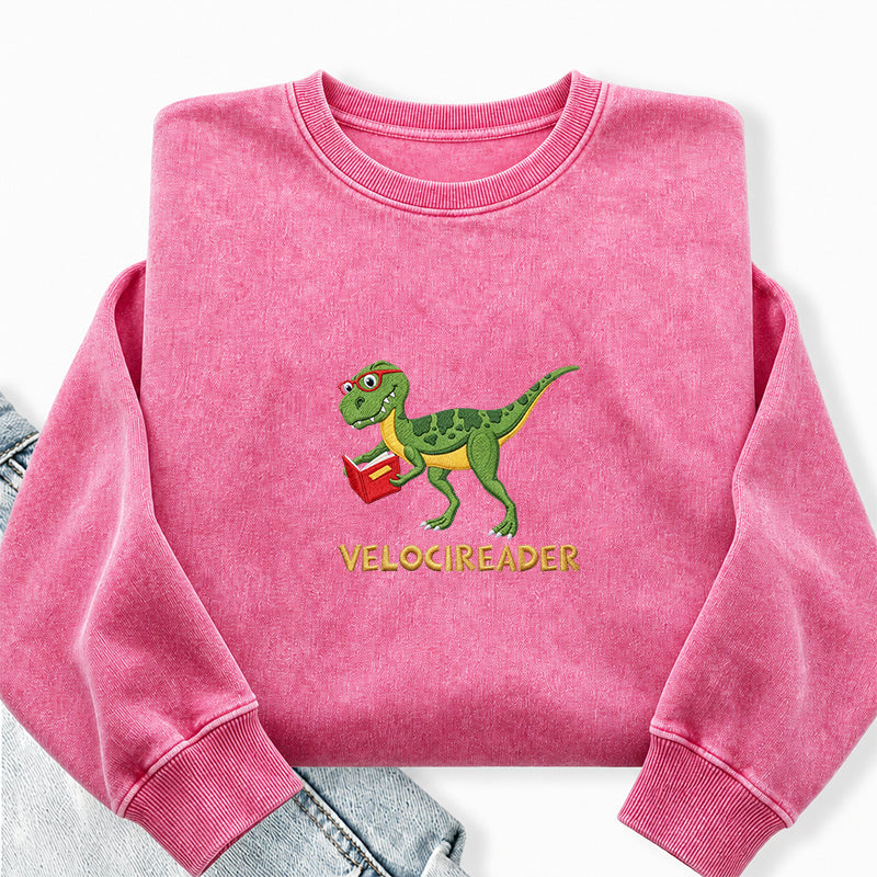 Embroidered Velocireader Dinosaur Reading Washed Crewneck Sweatshirt