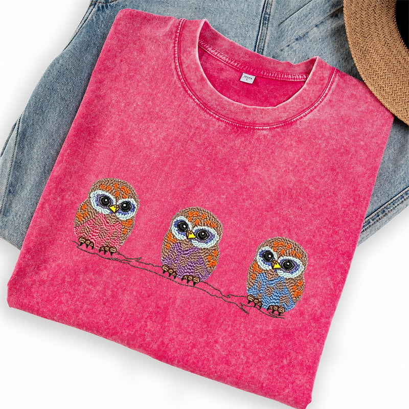 Embroidered Cute Owl Washed Crew Neck T-Shirt
