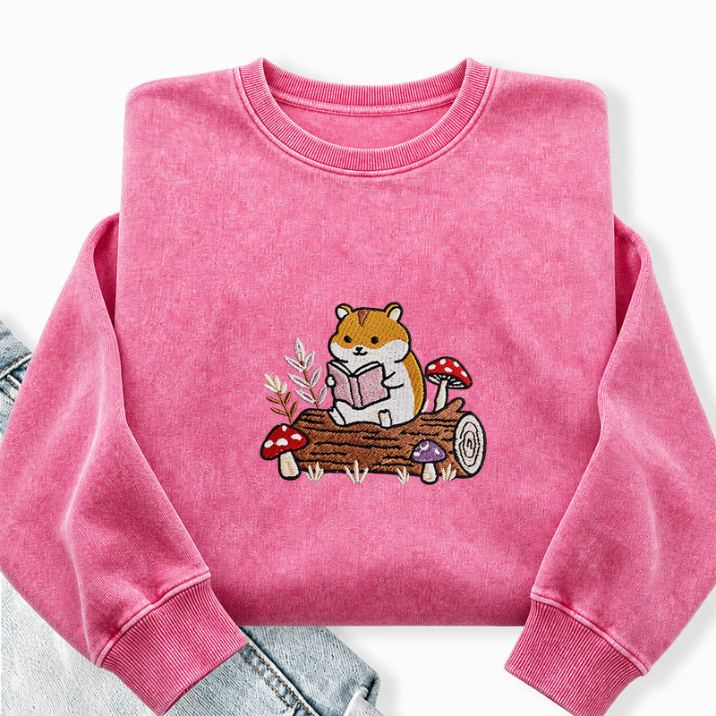 Embroidered Hamster Reading Books Washed Crewneck Sweatshirt
