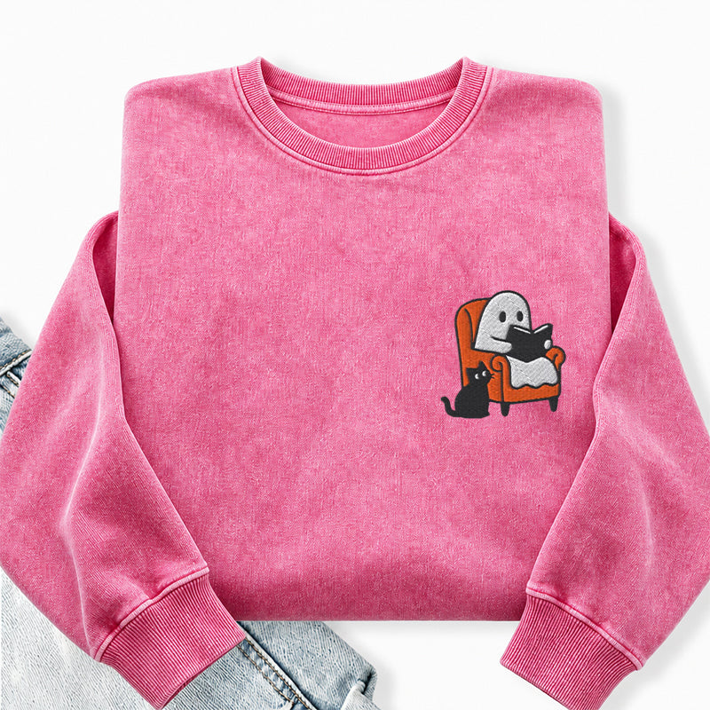 Embroidered Ghost Reading On Sofa Washed Crewneck Sweatshirt