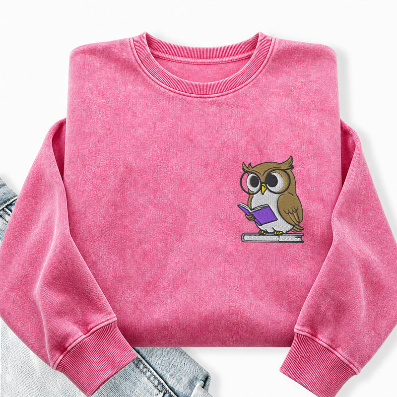Embroidered Owl Reading Washed Crewneck Sweatshirt