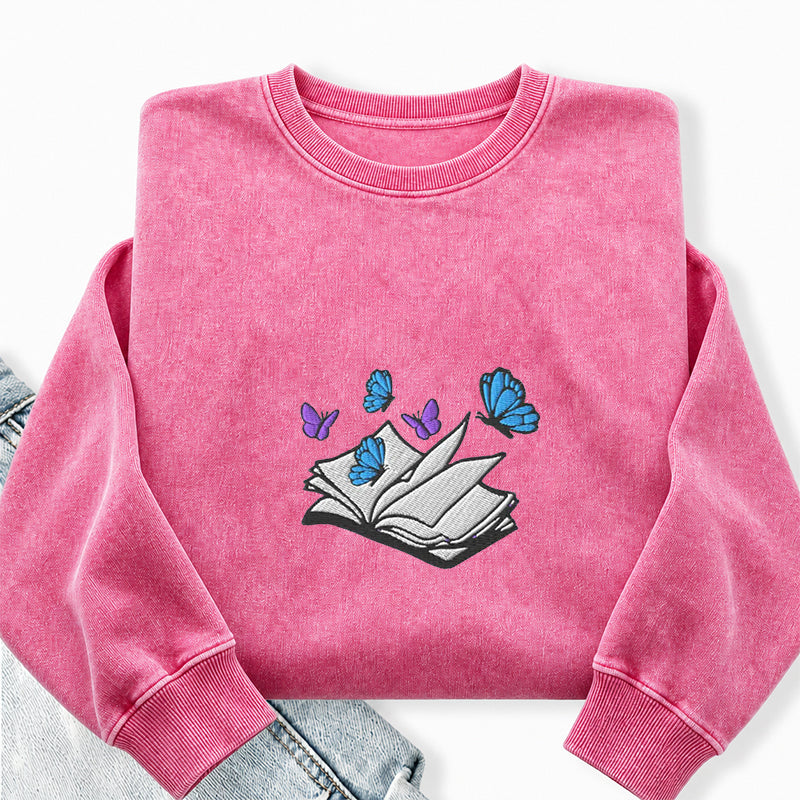 Embroidered Open Book With Butterflies Washed Crewneck Sweatshirt