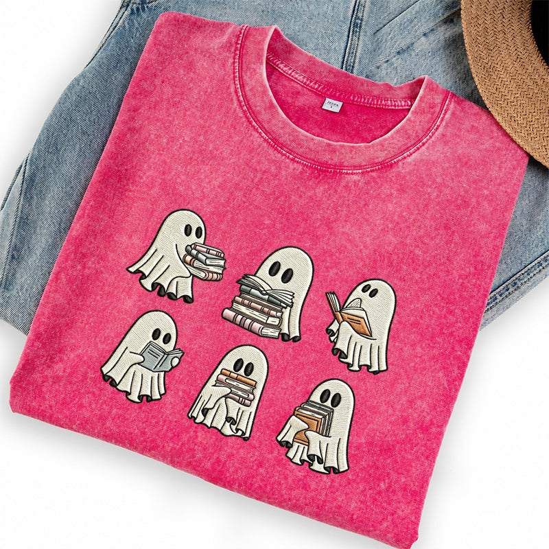 Embroidered Halloween Ghost Book Washed Crew Neck T-Shirt