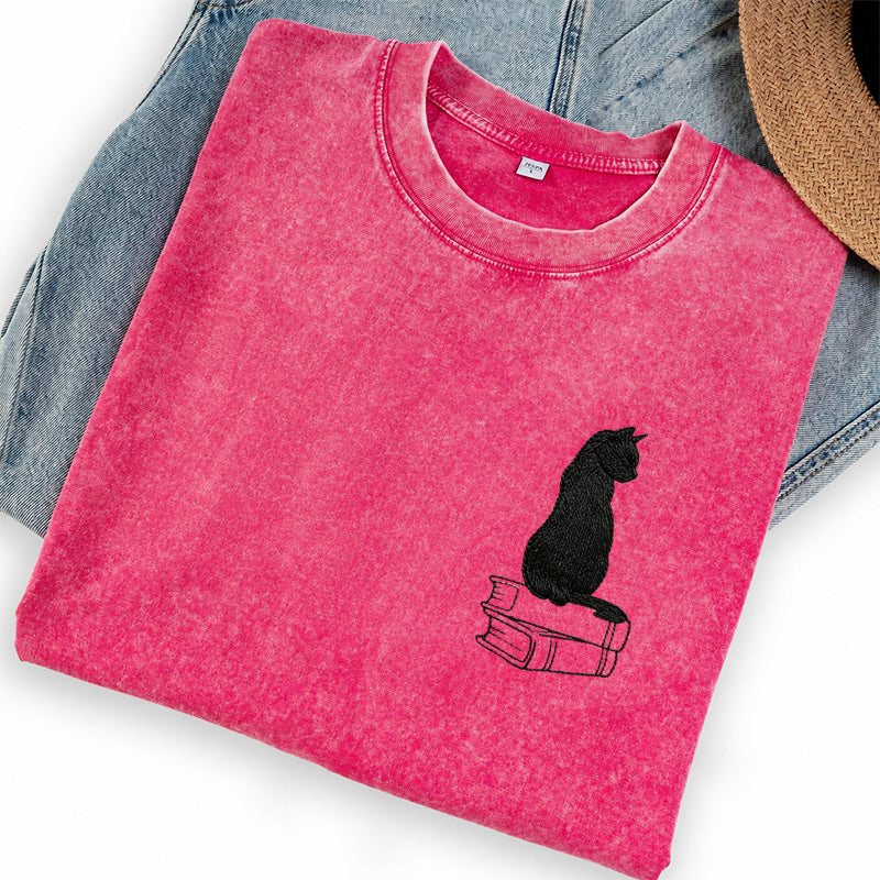 Embroidered Black Cat On Books Washed Crew Neck T-Shirt