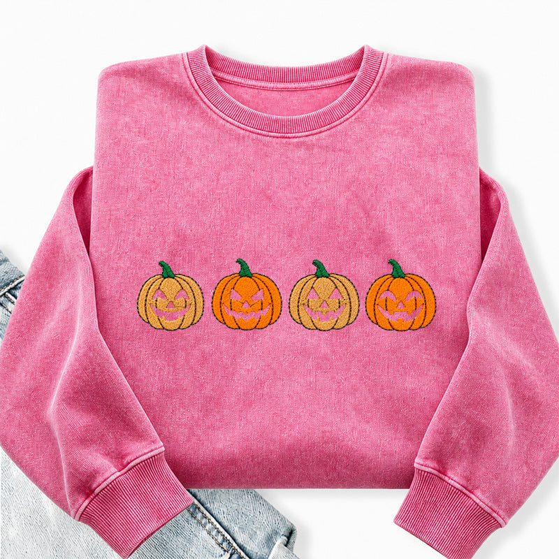 Embroidered Halloween Pumpkins Washed Crewneck Sweatshirt