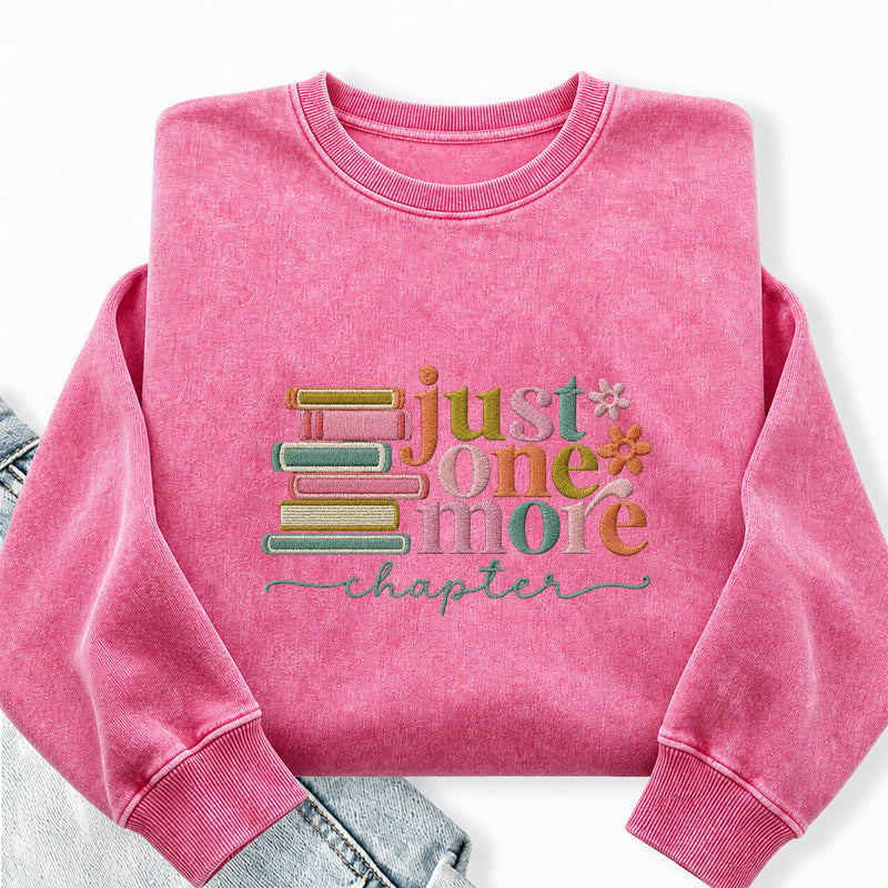 Embroidered Coloful Just One More Chapter Washed Crewneck Sweatshirt
