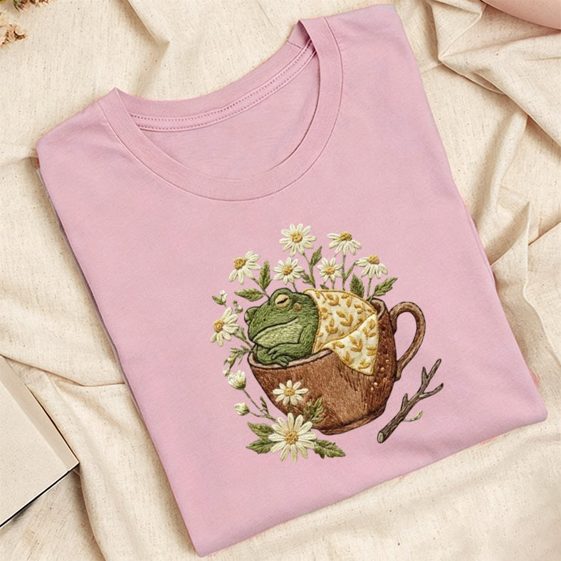 Embroidered Frog in Teacup Classic Adult Unisex Crew Neck T-Shirt