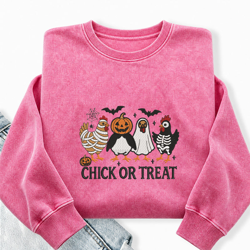 Embroidered Chick Or Treat Washed Crewneck Sweatshirt