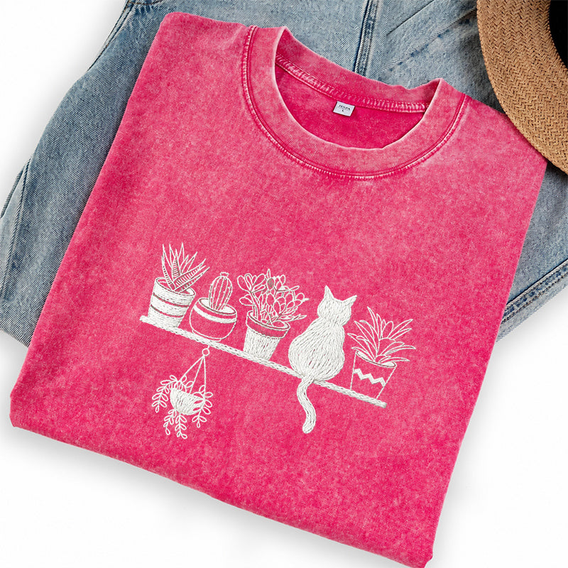 Embroidered Cats And Plants Washed Crew Neck T-Shirt