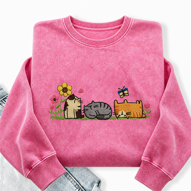 Embroidered Floral Cute Cat Washed Crewneck Sweatshirt